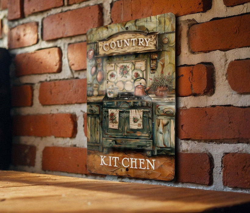 a picture of a kitchen on a brick wall