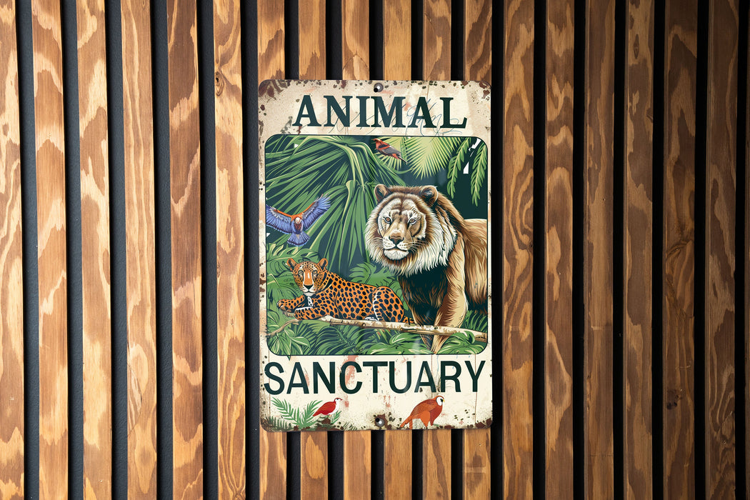an animal sanctuary sign on a wooden wall