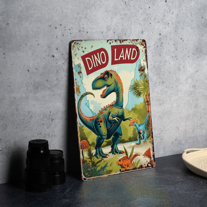 a metal sign that says dino land on it
