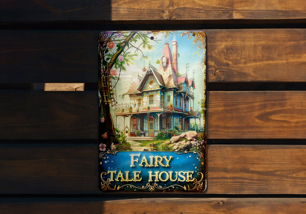 a picture of a fairy tale house on a wooden bench