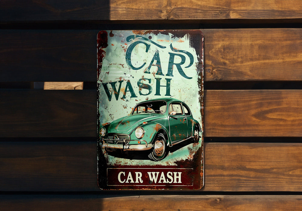 a car wash sign hanging on a wooden wall