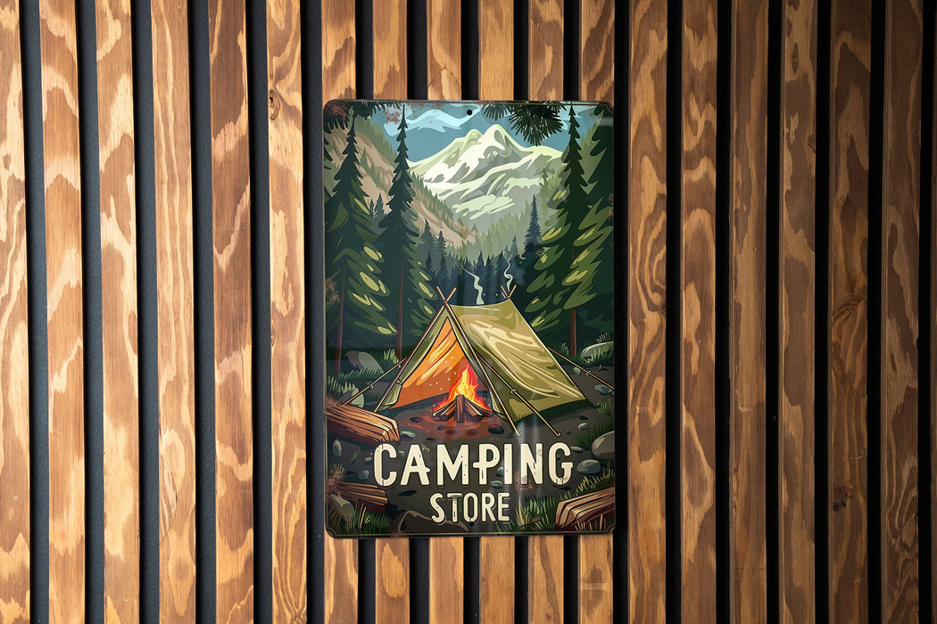 a picture of a camping store hanging on a wall