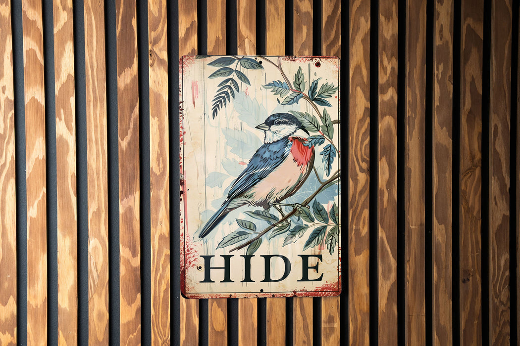 a bird is sitting on a sign on a wooden wall