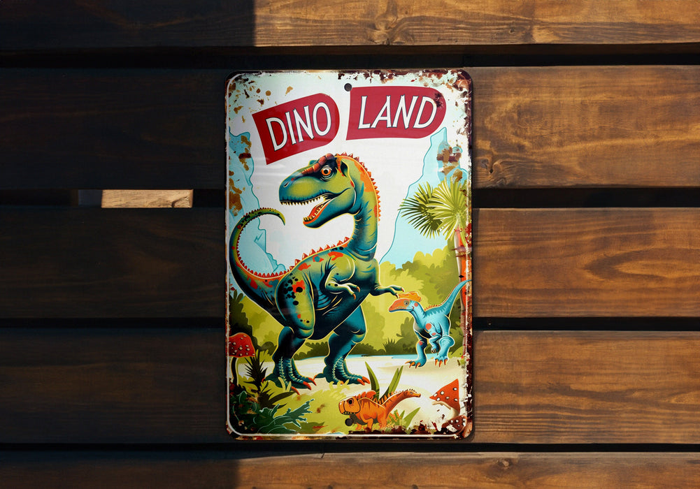 a tin sign that says dino land on it