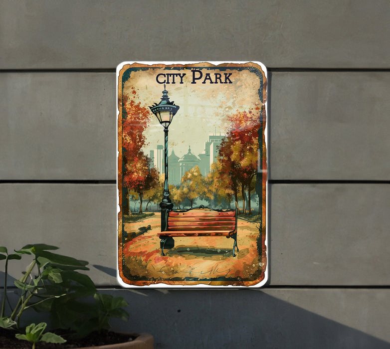 a picture of a city park with a bench
