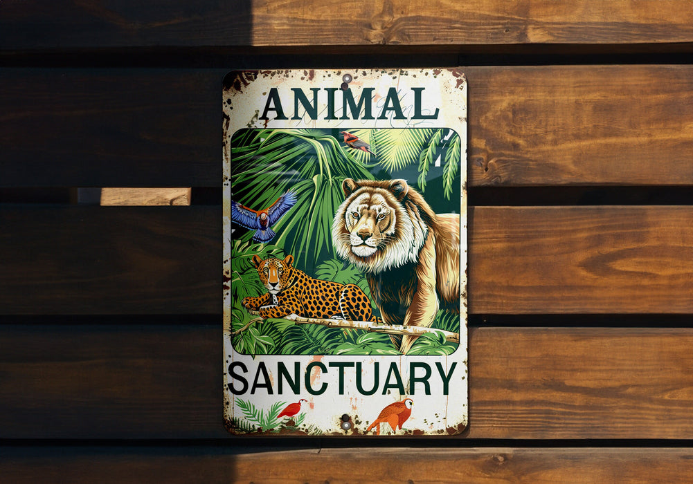an animal sanctuary sign on a wooden wall