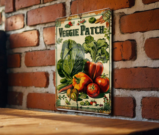 a vegetable patch sign on a brick wall