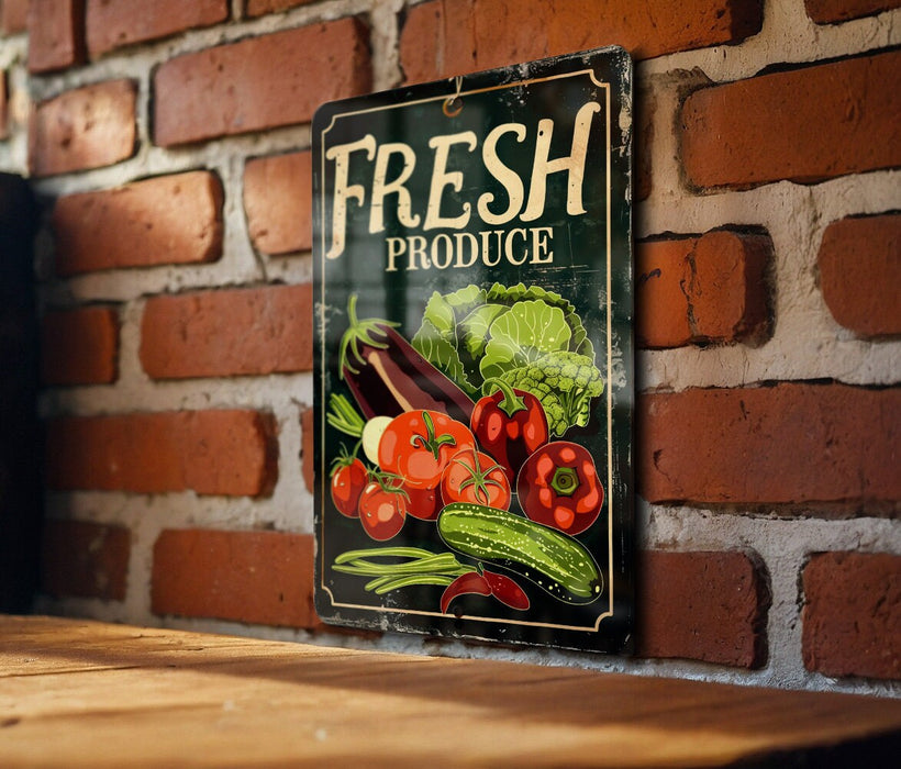 a sign on a brick wall advertising fresh produce