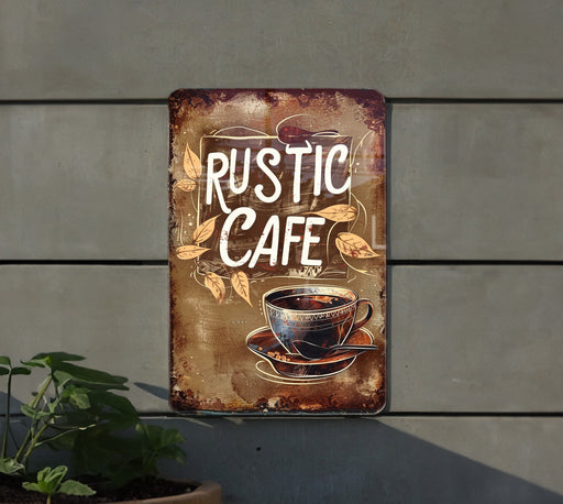 a rusted metal sign with a cup of coffee on it