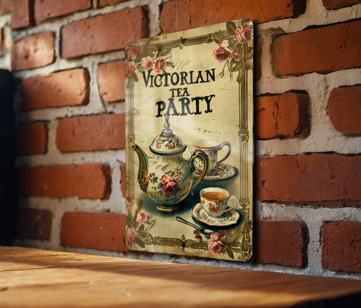 a sign on a brick wall that says victorian tea party