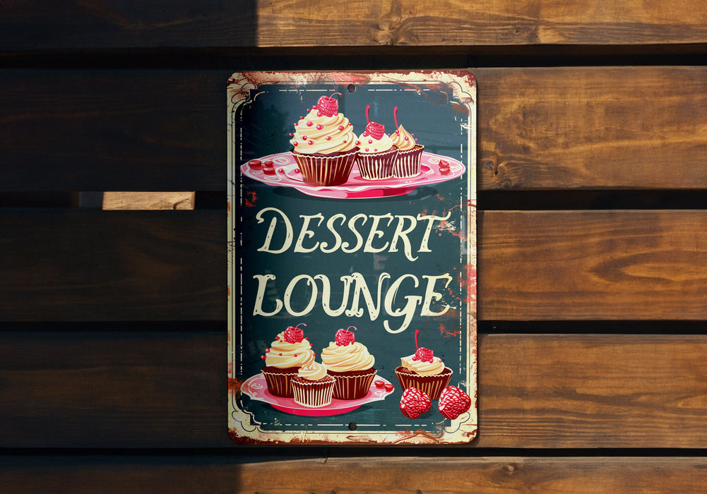 a sign that says dessert lounge with cupcakes on it