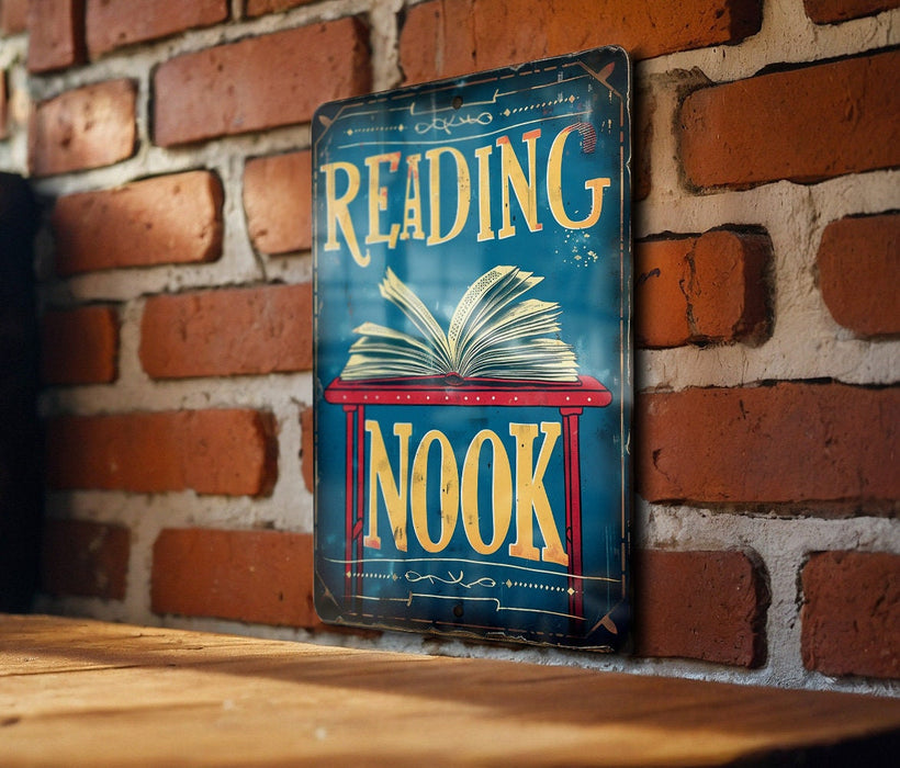 a reading nook sign on a brick wall