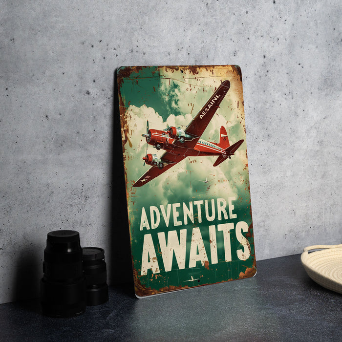 a sign that says adventure awaits with an airplane in the sky