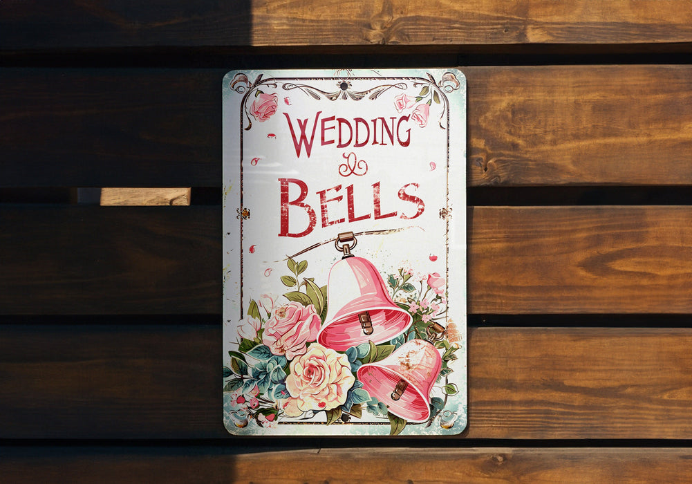 a wedding bells sign on a wooden bench