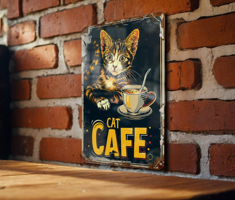 a picture of a cat on a sign on a brick wall