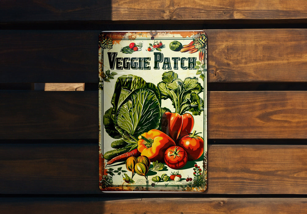 a vegetable patch sign hanging on a wooden wall