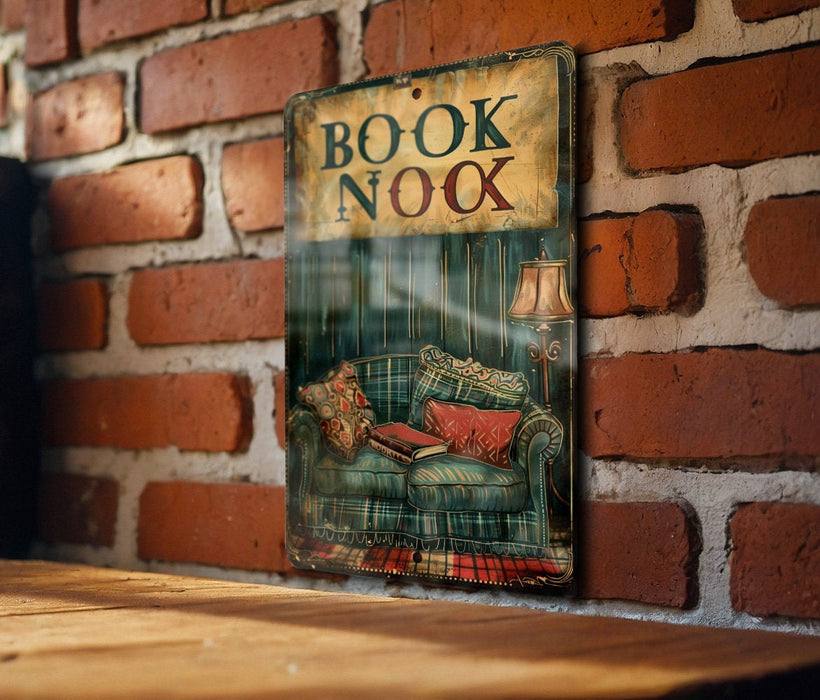 a picture of a book nook on a brick wall
