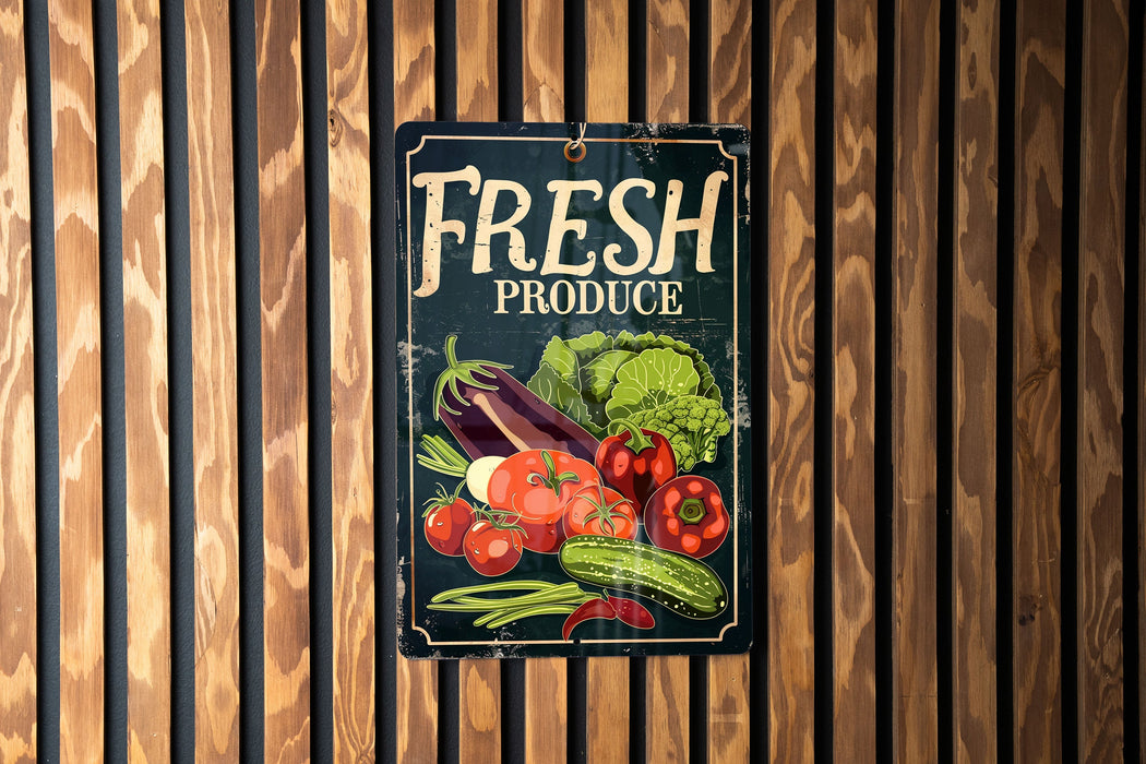 a fresh produce sign hanging on a wooden wall