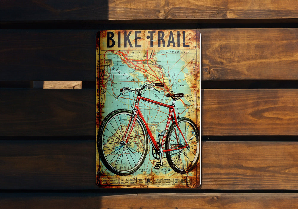 a bike trail sign on a wooden bench