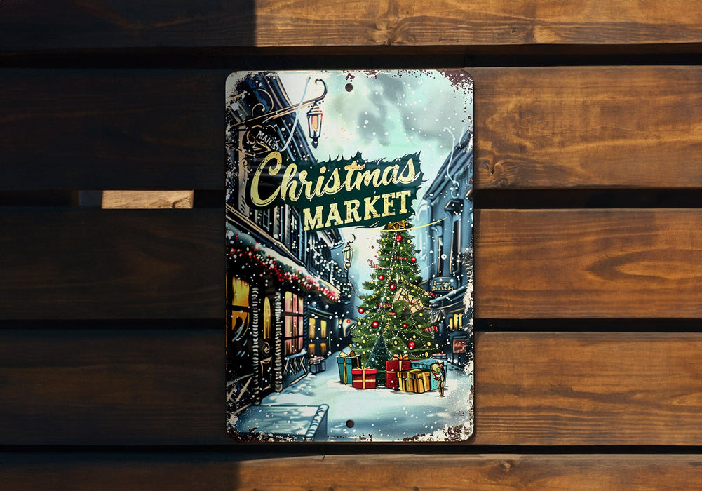 a christmas market sign on a wooden bench