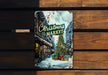 a christmas market sign on a wooden bench