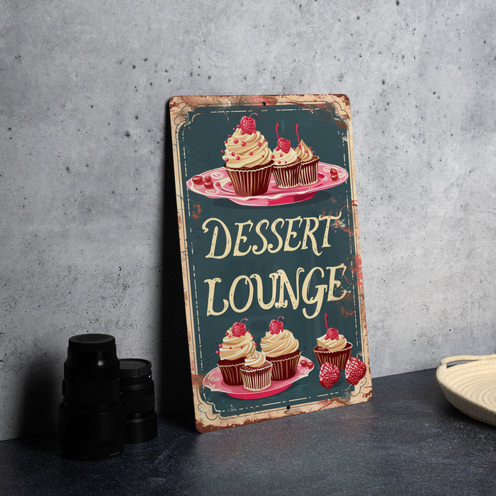 a sign that says dessert lounge with cupcakes on it