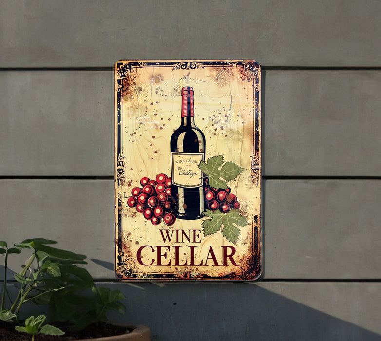 a wine cellar sign with a bottle of wine