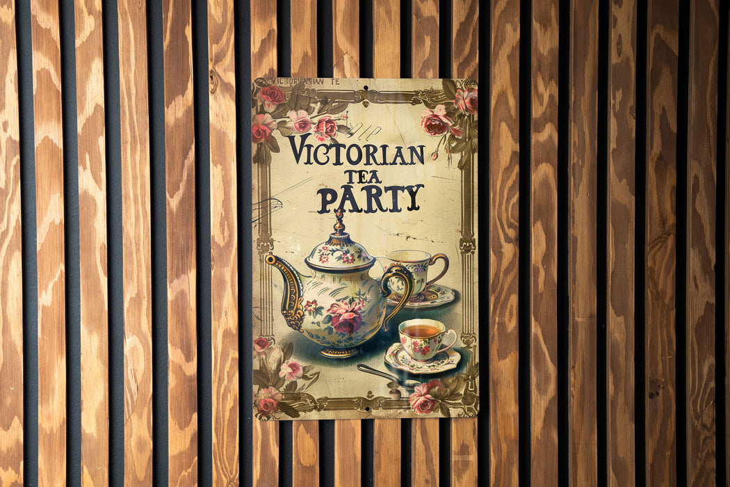 a picture of a tea party sign on a wooden wall