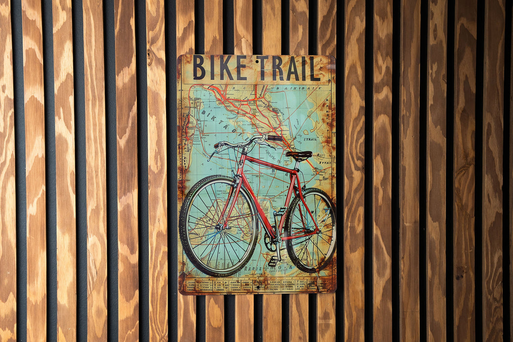 a bike trail sign mounted to a wooden wall