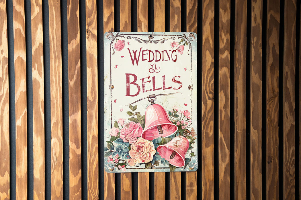 a wedding bells sign hanging on a wooden wall