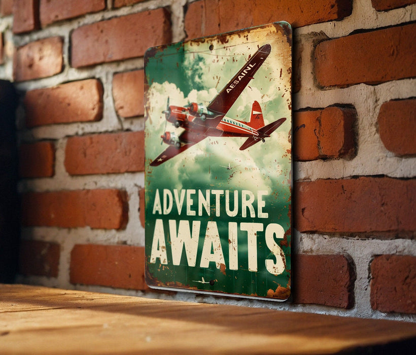 a sign on a brick wall that says adventure awaits