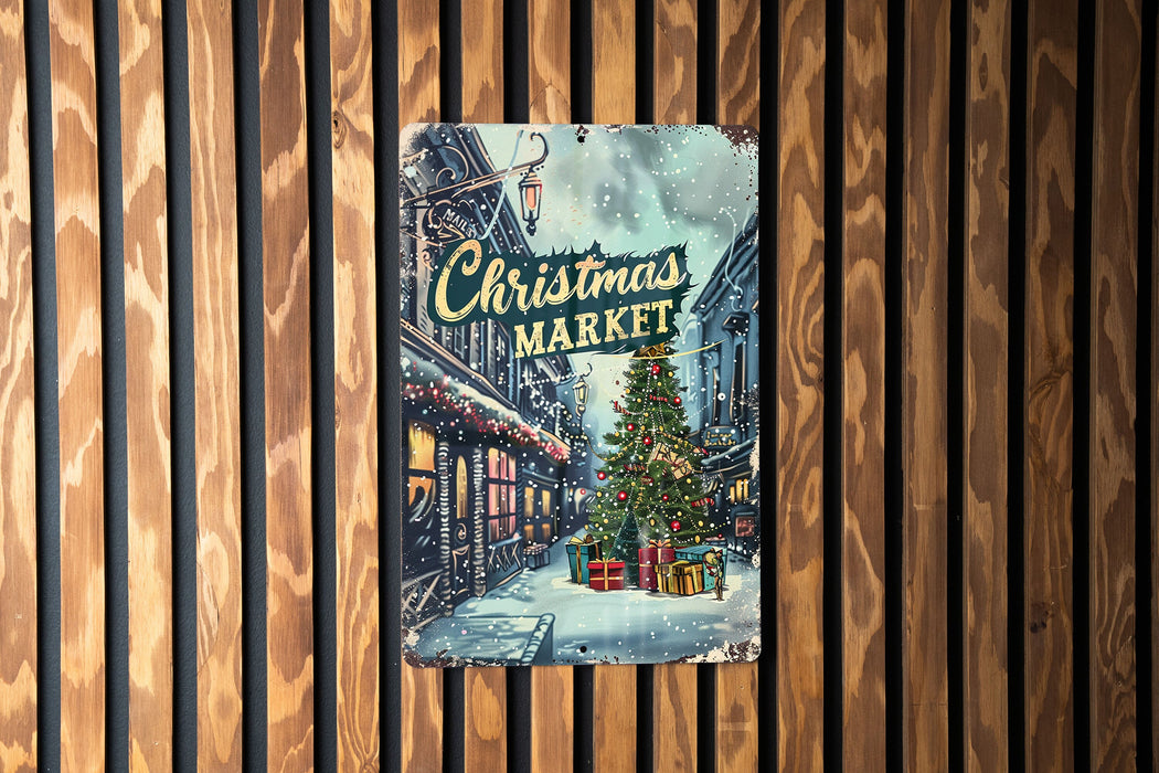 a christmas market sign hanging on a wooden wall