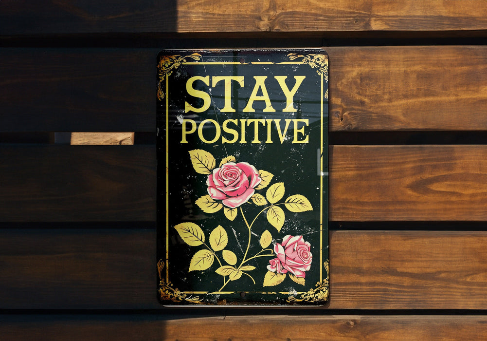 a sign on a wooden bench that says stay positive
