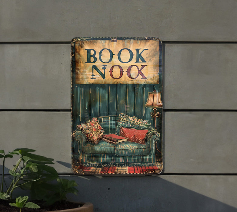 a sign that says book nook on the side of a building