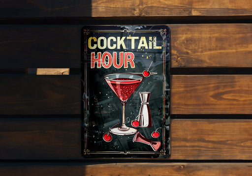 a metal sign that says cocktail hour on it