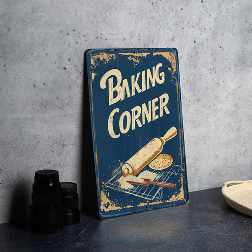 a baking corner sign sitting on top of a table