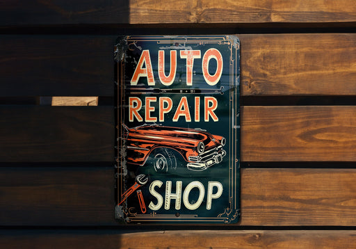 a sign on a wooden wall that says auto repair shop