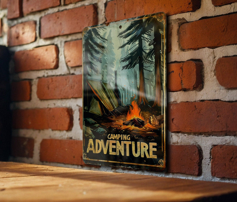 a picture of a camping adventure hanging on a brick wall