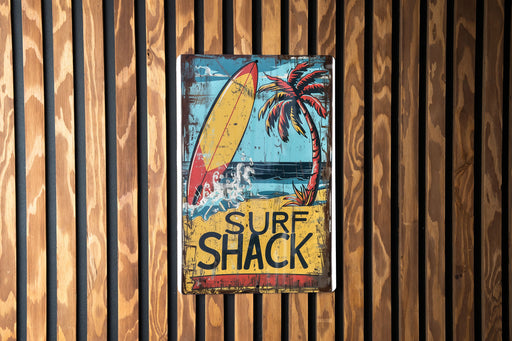 a surf shack sign hanging on a wooden wall