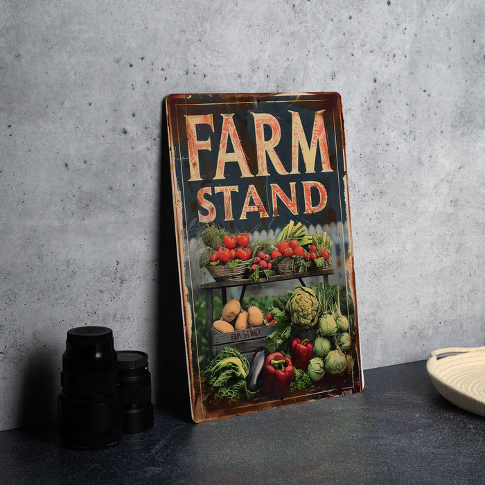 a sign that says farm stand next to a bowl of fruit