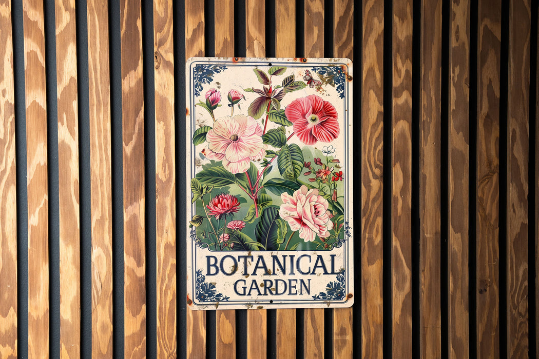 a botanical garden sign hanging on a wooden wall