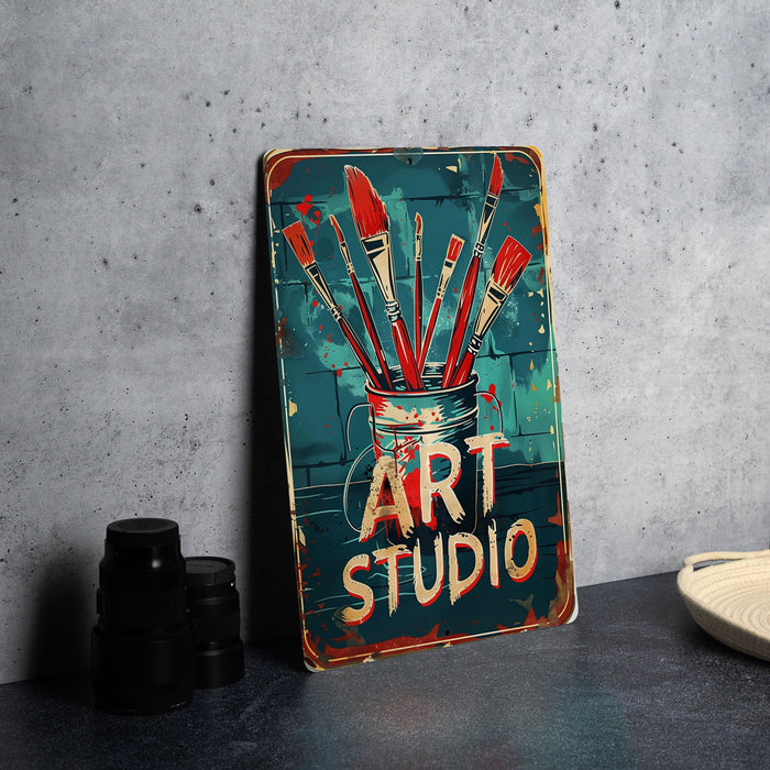 a sign that says art studio with paint brushes in a jar