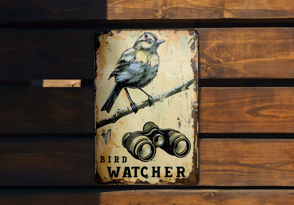 a bird sitting on top of a wooden sign