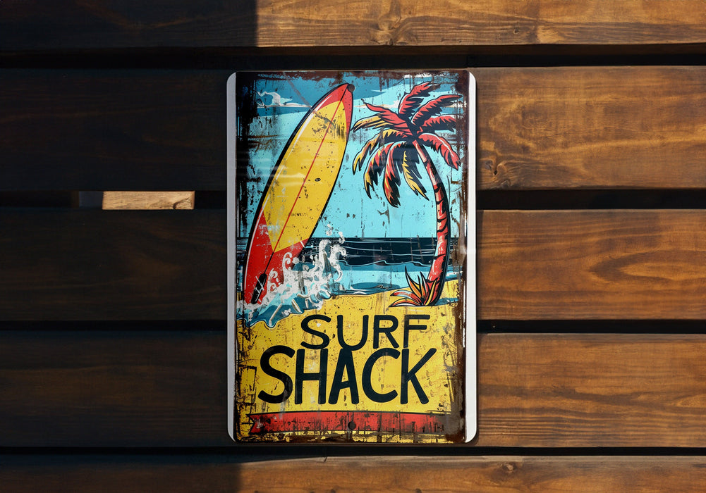 a surf shack sign hanging on a wooden wall