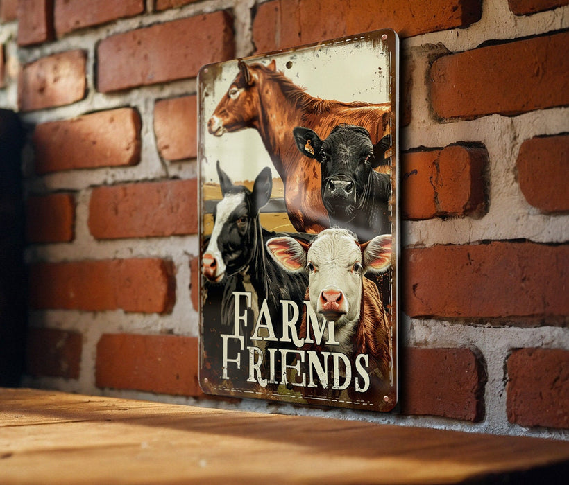 a sign on a brick wall that says farm friends