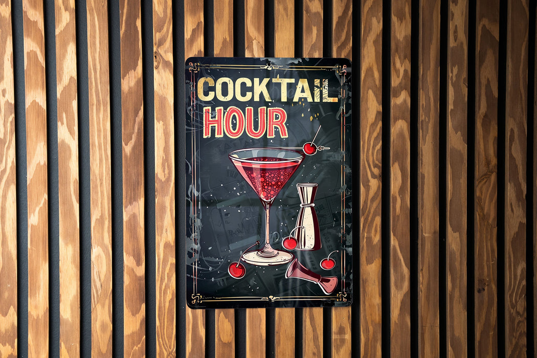 a metal sign on a wooden wall that says cocktail hour