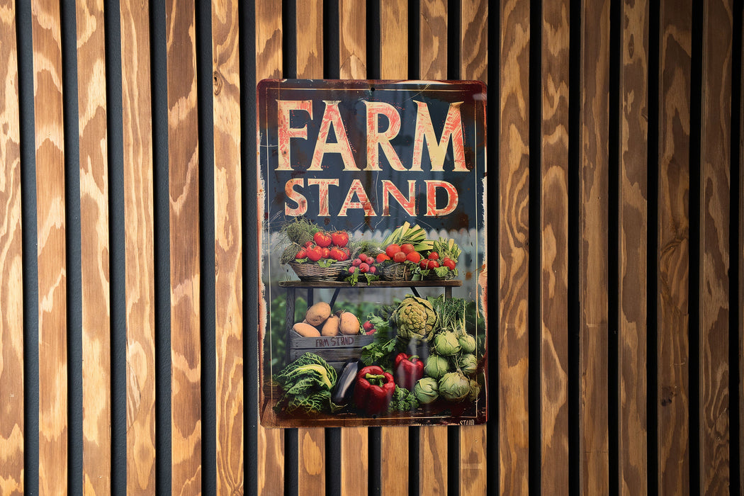 a sign on a wooden wall that says farm stand