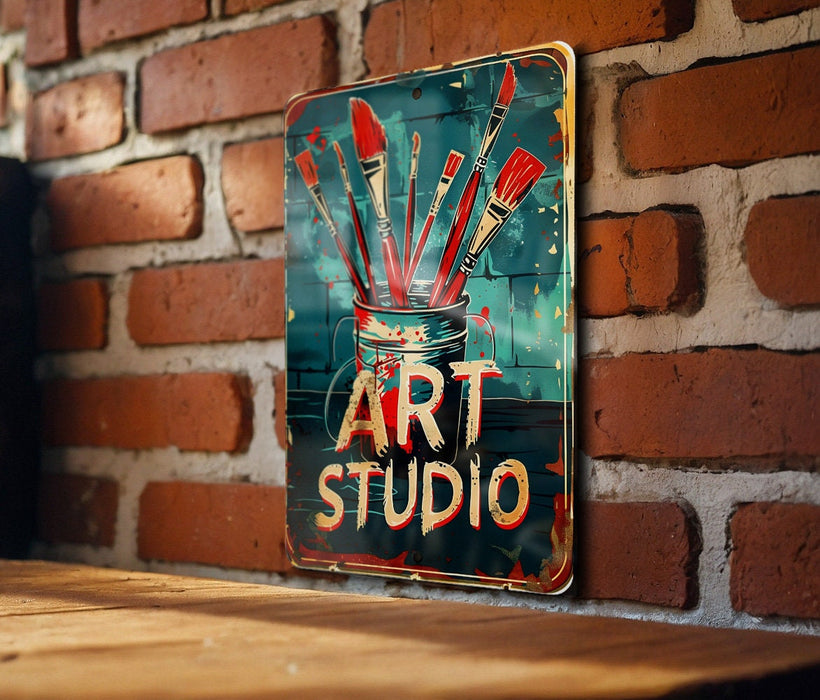 a sign on a brick wall that says art studio