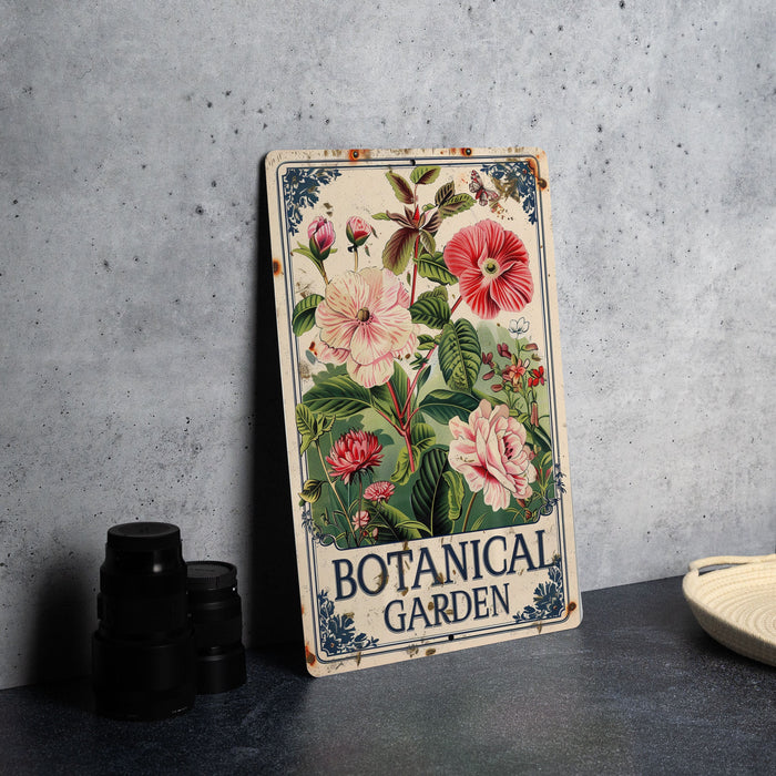 a vintage botanical garden sign next to a pair of binoculars