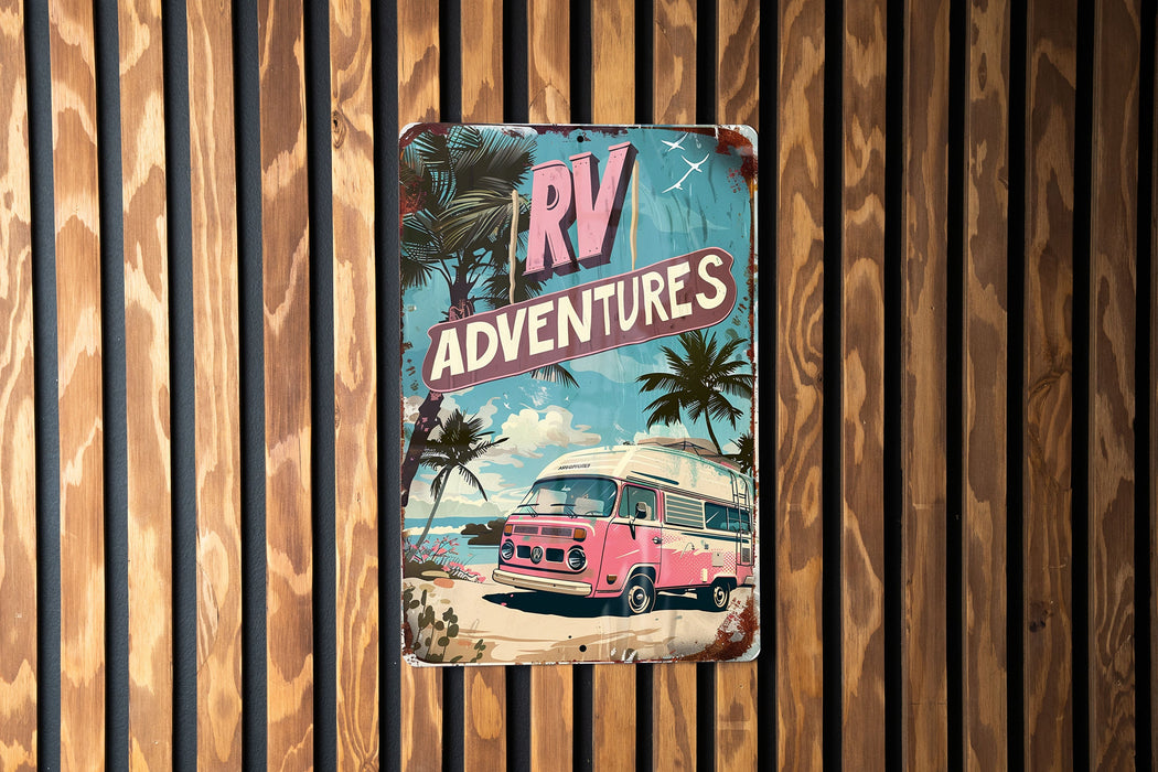 a sign on a wooden wall that says rv adventures